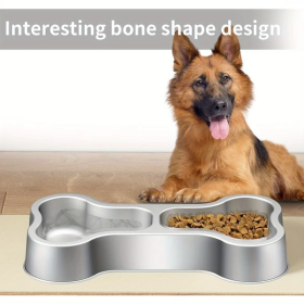 Stainless Steel Dog Food Bowl Bone Shape Dog Dual Dish For Food And Water Metal Pet Bowl Funny Puppy Feeding Bowl Suitable Small Medium-Sized Dogs Cat