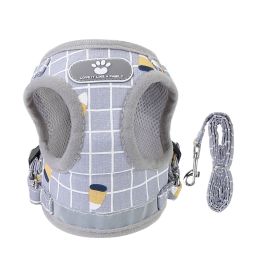Pet Mesh Harness Dog Leash Set Reflective Chest Strap Adjustable Puppy Vest For Puppies Breeds Dogs Cats Walking Outdoor (Option: GreyCheckered_L)