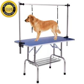 NEW HIGH QUALITY FOLDING PET GROOMING TABLE STAINLESS LEGS AND ARMS BLUE RUBBER TOP STORAGE BASKET (Color: Blue)